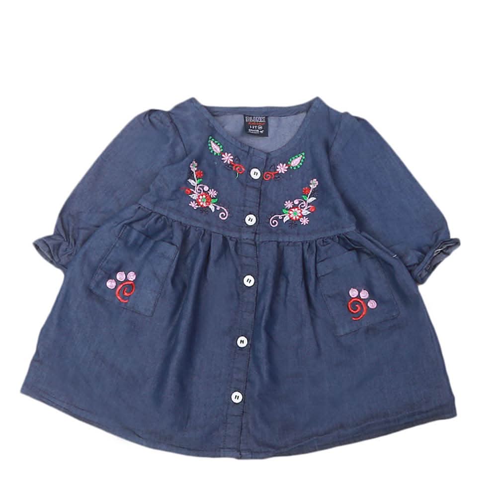 Girls Embroidered Denim Frock- Dark Blue, Kids, Girls Kurti, Chase Value, Chase Value