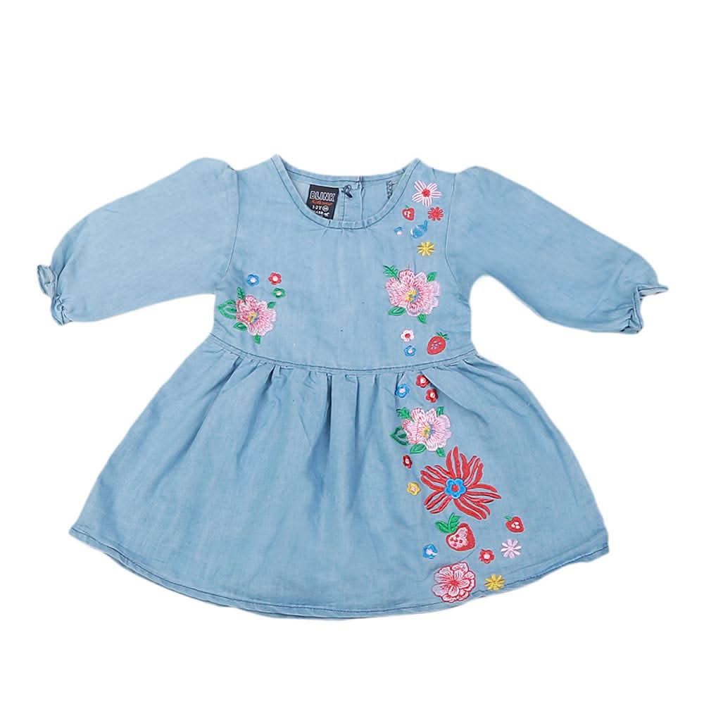 Girls Embroidered Denim Frock - Light Blue, Kids, Girls Kurti, Chase Value, Chase Value