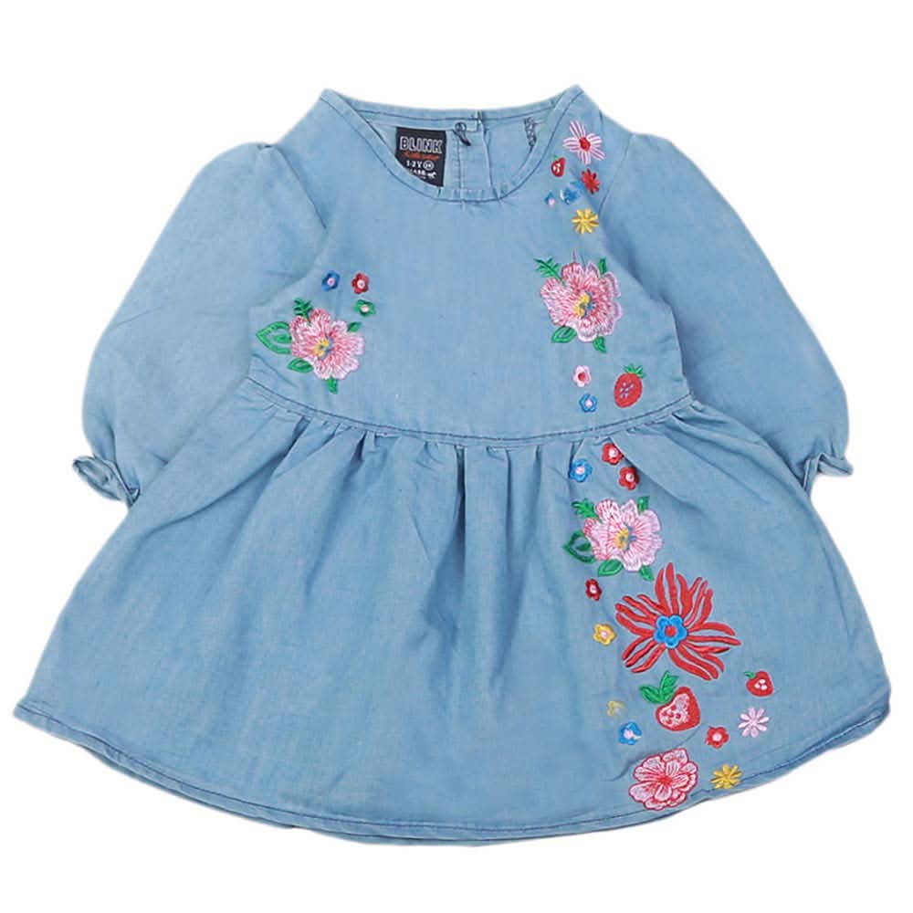 Girls Embroidered Denim Frock - Light Blue, Kids, Girls Kurti, Chase Value, Chase Value