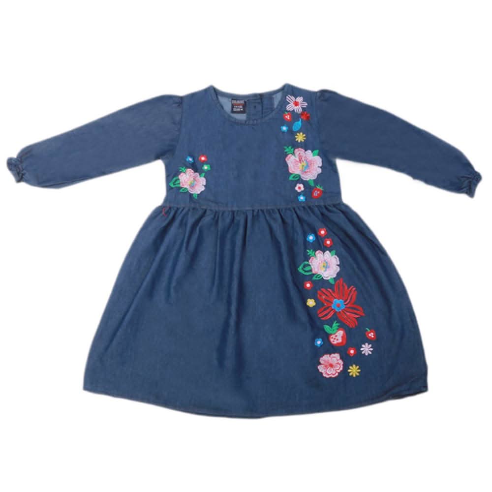 Girls Embroidered Denim Frock - Dark Blue, Girls Apparel, Chase Value, Chase Value