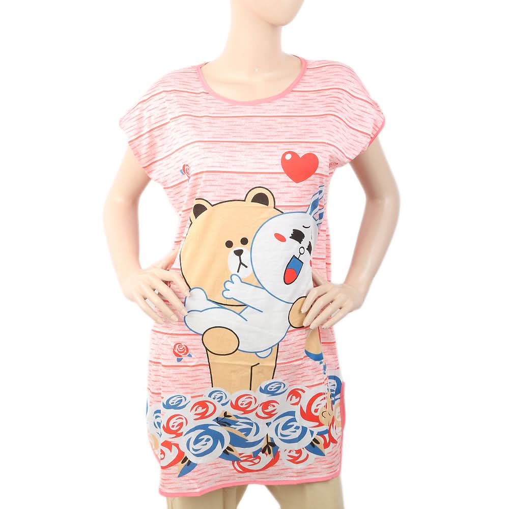 Women's Nightwear Long T-Shirt - Pink, Women, Night Suit, Chase Value, Chase Value