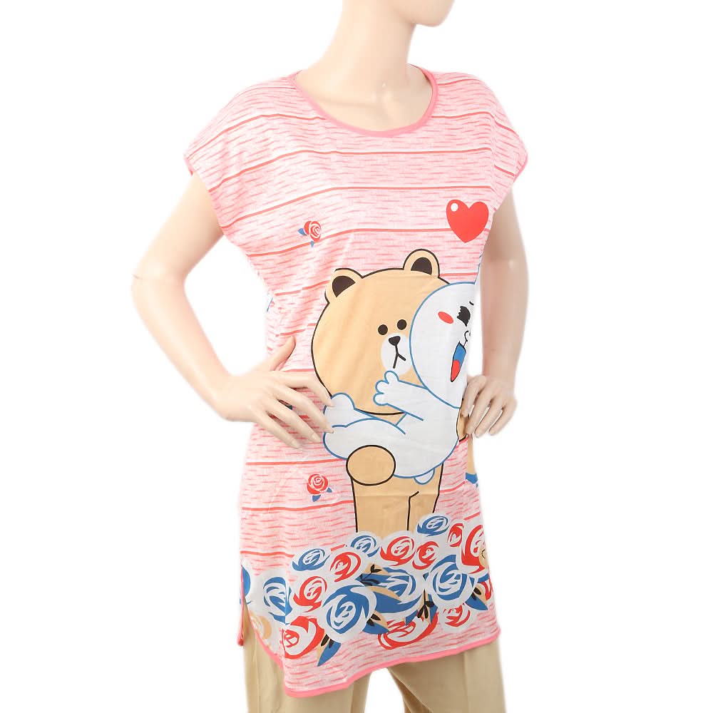 Women's Nightwear Long T-Shirt - Pink, Women, Night Suit, Chase Value, Chase Value