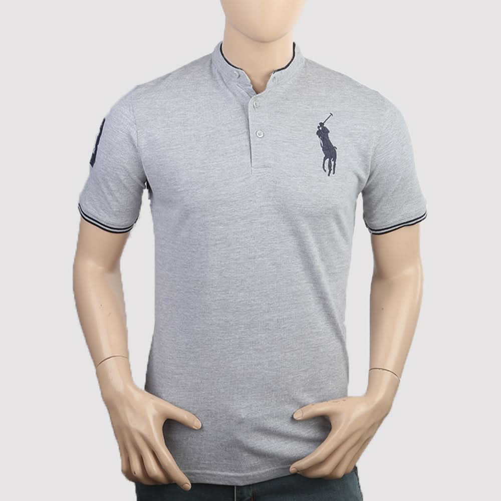 Men's Pique Band Collar Polo T-Shirt - Grey, Men, T-Shirts And Polos, Chase Value, Chase Value