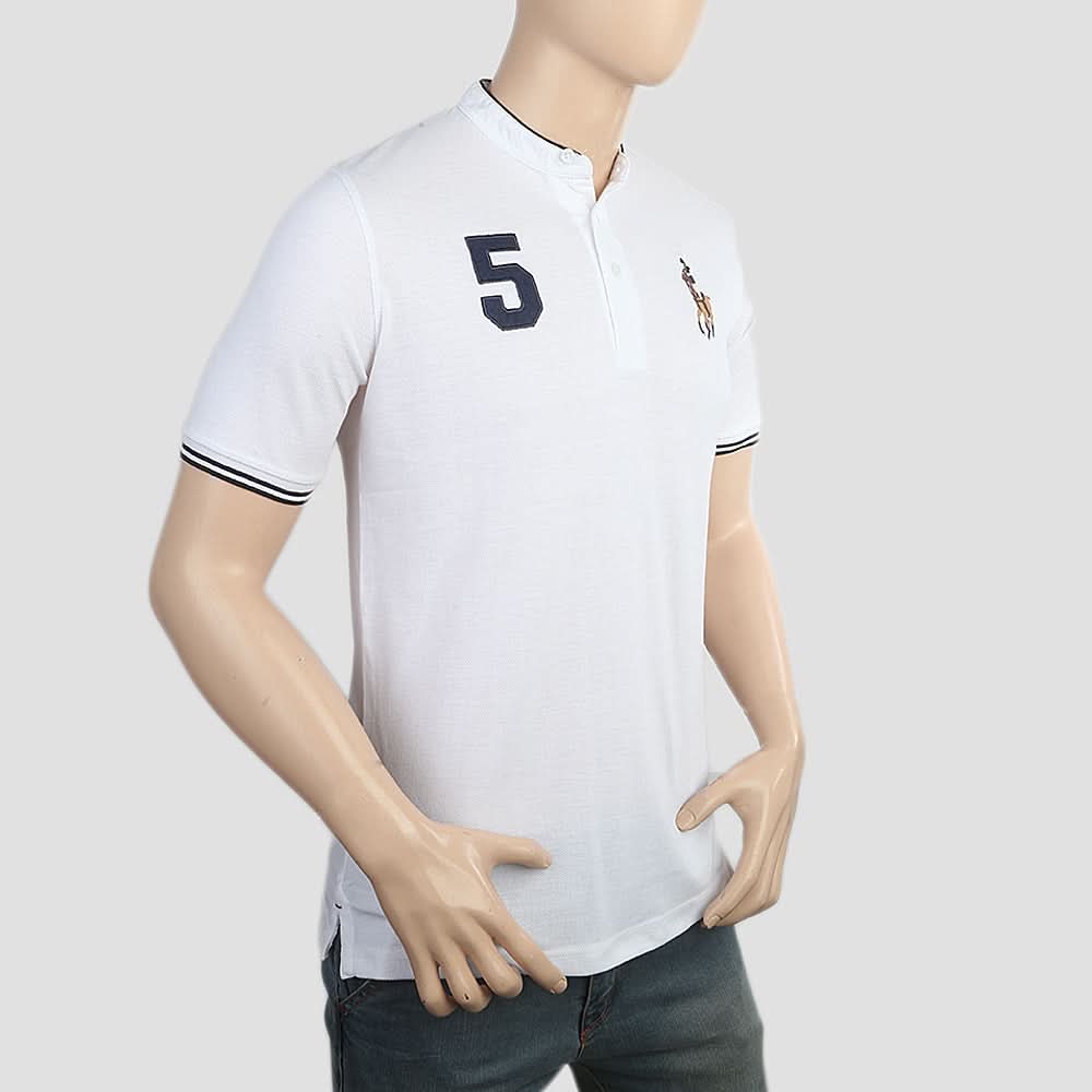 Men's Pique Band Collar Polo T-Shirt - White, Men, T-Shirts And Polos, Chase Value, Chase Value