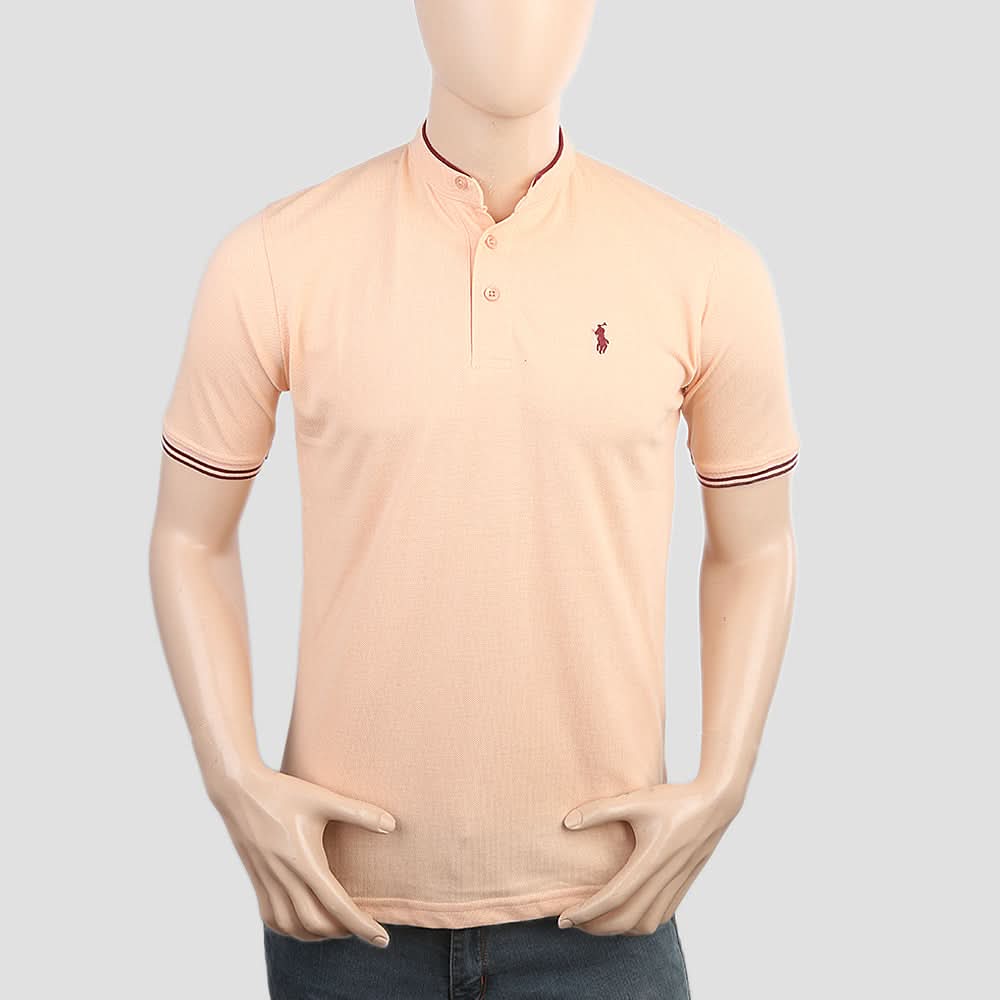 Men's Pique Band Collar Polo T-Shirt - Peach, Men, T-Shirts And Polos, Chase Value, Chase Value