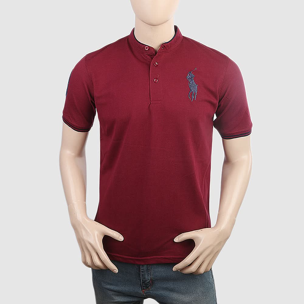Men's Pique Band Collar Polo T-Shirt - Maroon, Men, T-Shirts And Polos, Chase Value, Chase Value