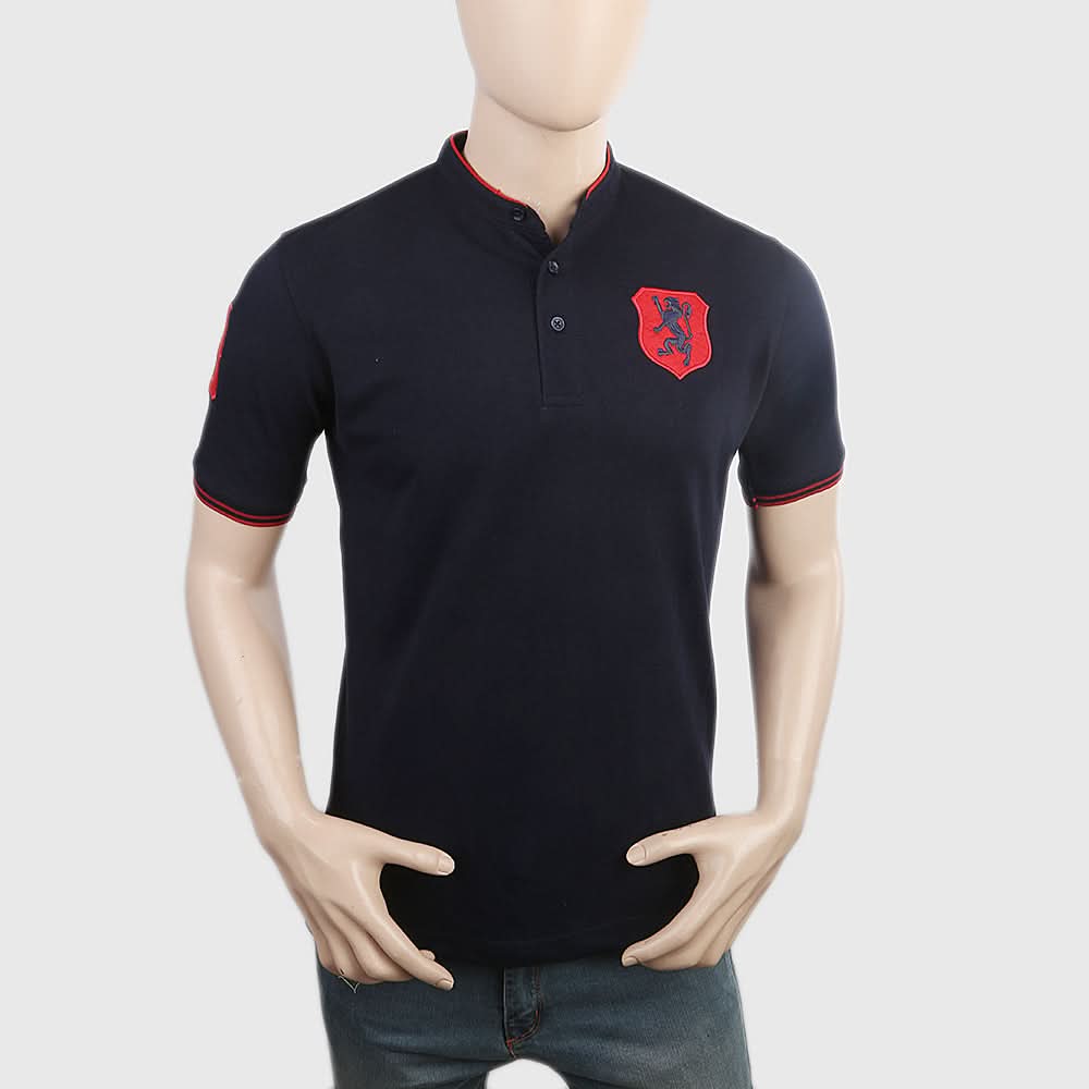 Men's Pique Band Collar Polo T-Shirt - Navy Blue, Men, T-Shirts And Polos, Chase Value, Chase Value