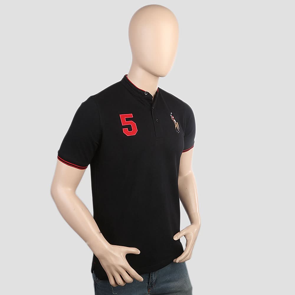 Men's Pique Band Collar Polo T-Shirt - Black, Men, T-Shirts And Polos, Chase Value, Chase Value