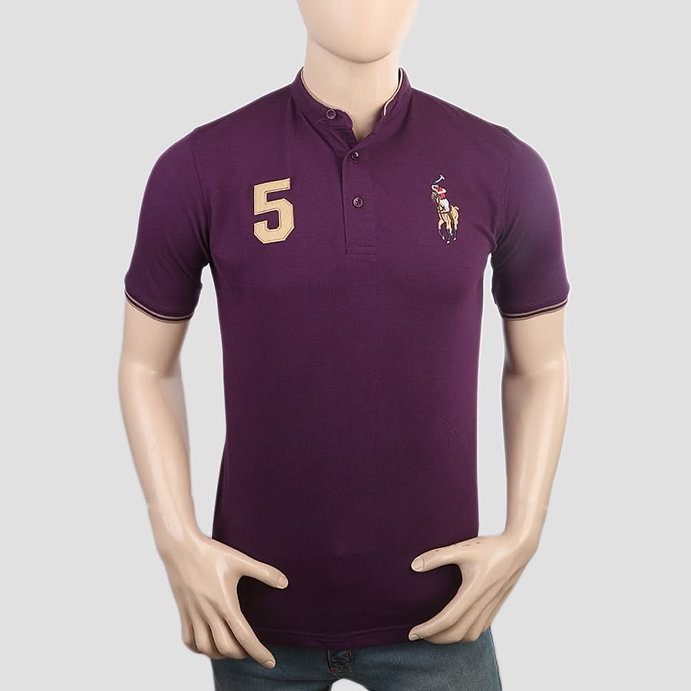 Men's Pique Band Collar Polo T-Shirt - Purple, Men, T-Shirts And Polos, Chase Value, Chase Value