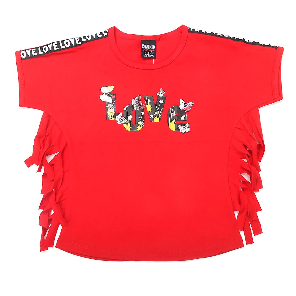 Girls Half Sleeves Fancy Tape T-Shirt - Red, Kids, Girls T-Shirts, Chase Value, Chase Value