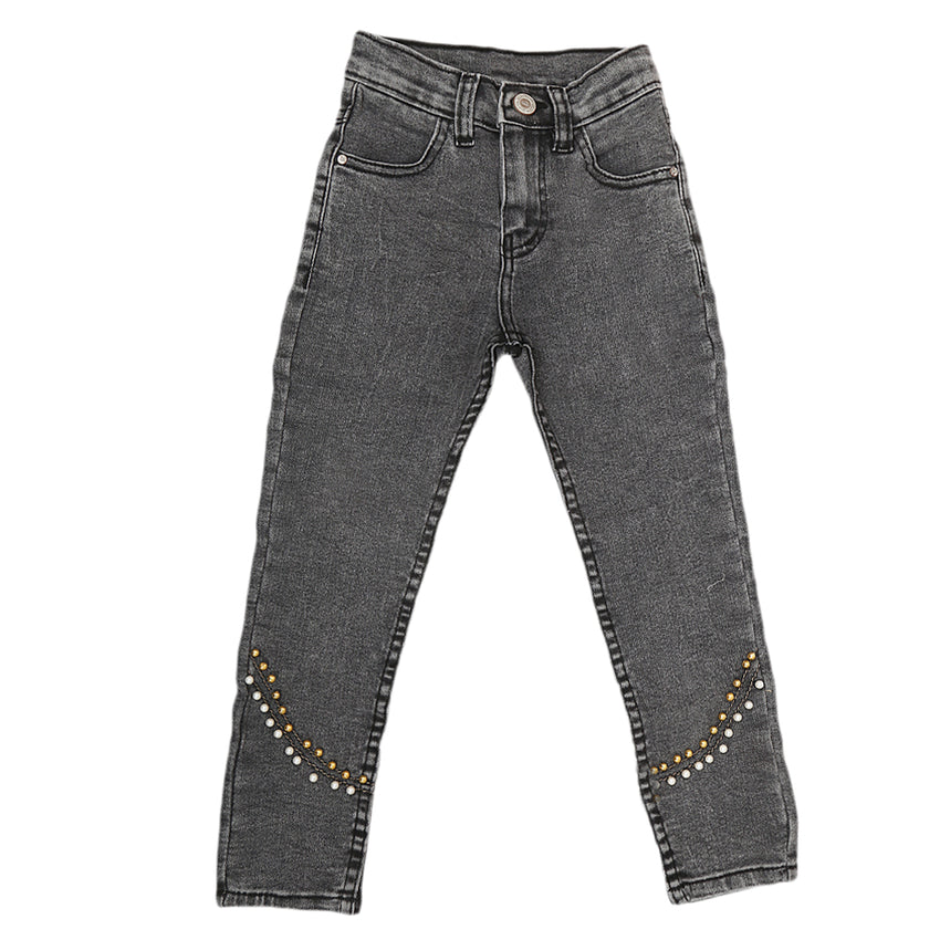 Girls Pearls Denim Pant - Grey, Kids, Girls Pants And Capri, Chase Value, Chase Value