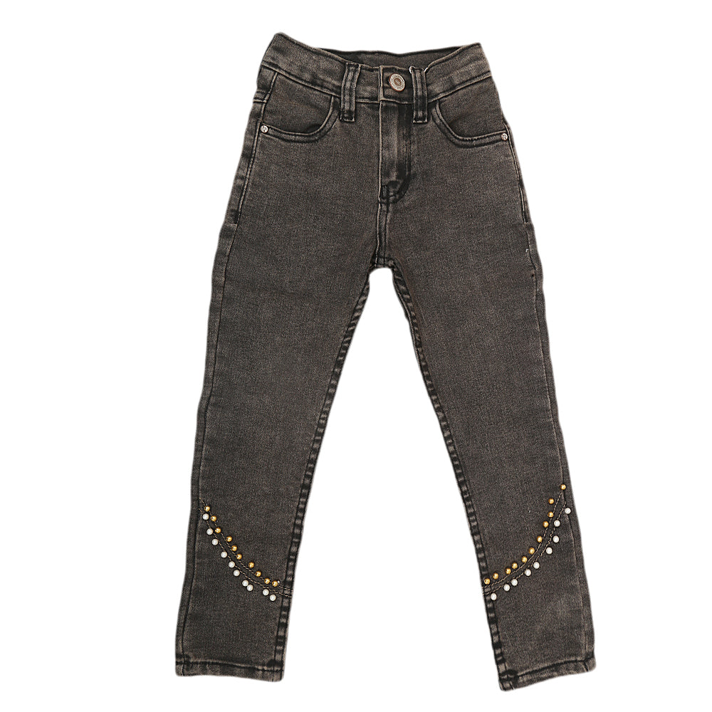 Girls Pearls Denim Pant - Dark Grey, Kids, Girls Pants And Capri, Chase Value, Chase Value