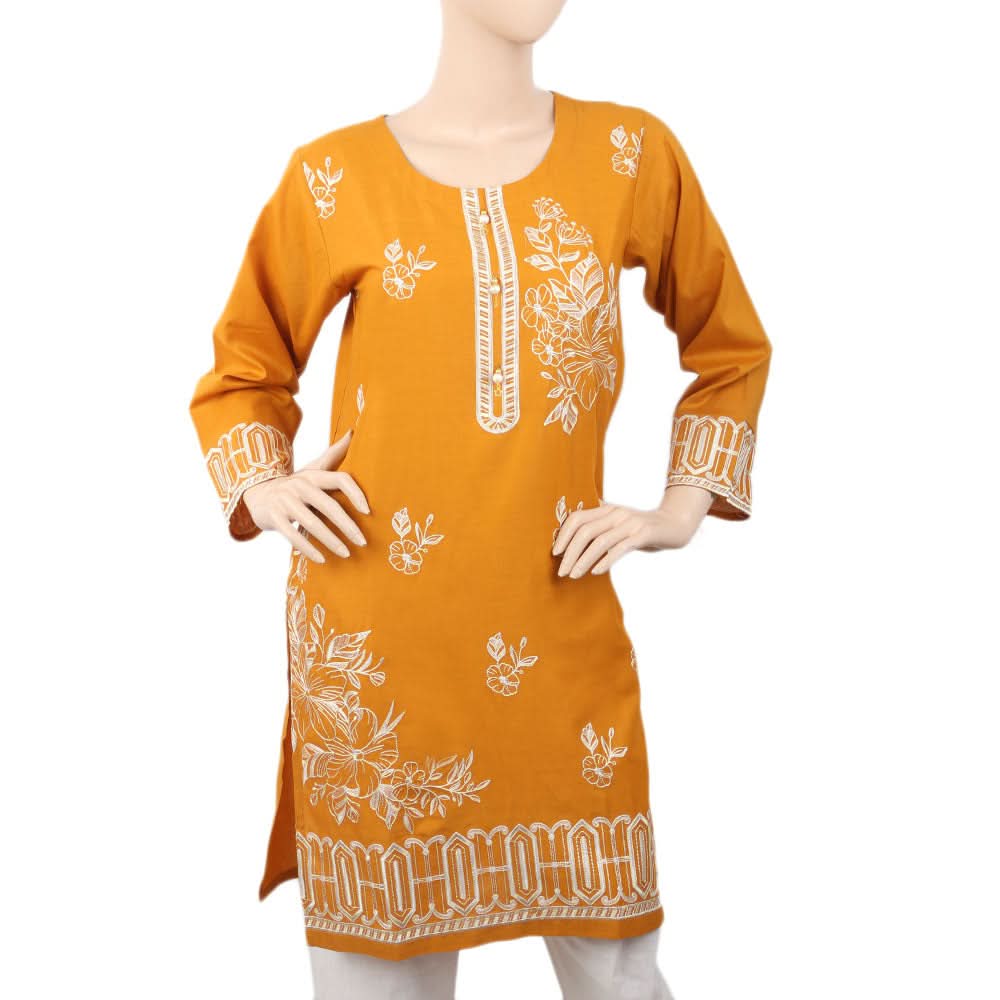 Women's Front Button Embroidered Kurti - Mustard, Women, Ready Kurtis, Chase Value, Chase Value