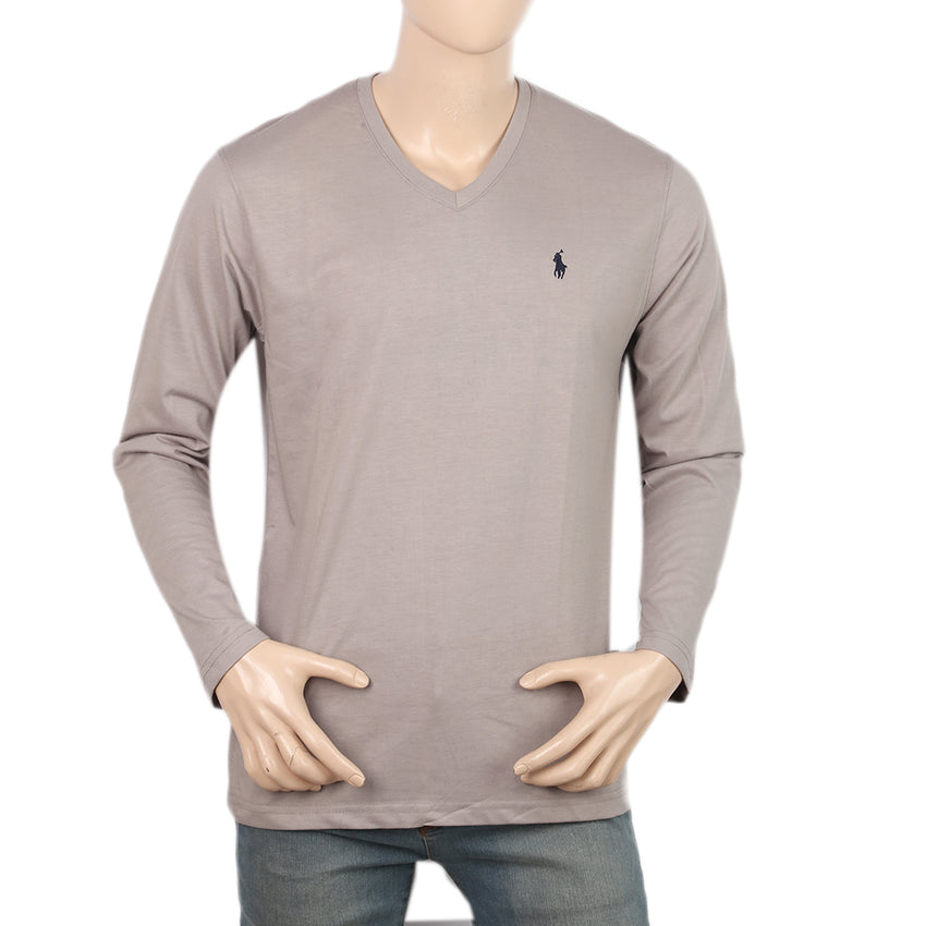 Men's Full Sleeves V Neck Logo T-Shirt - Grey, Men, T-Shirts And Polos, Chase Value, Chase Value