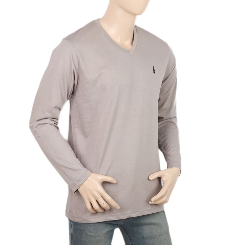 Men's Full Sleeves V Neck Logo T-Shirt - Grey, Men, T-Shirts And Polos, Chase Value, Chase Value
