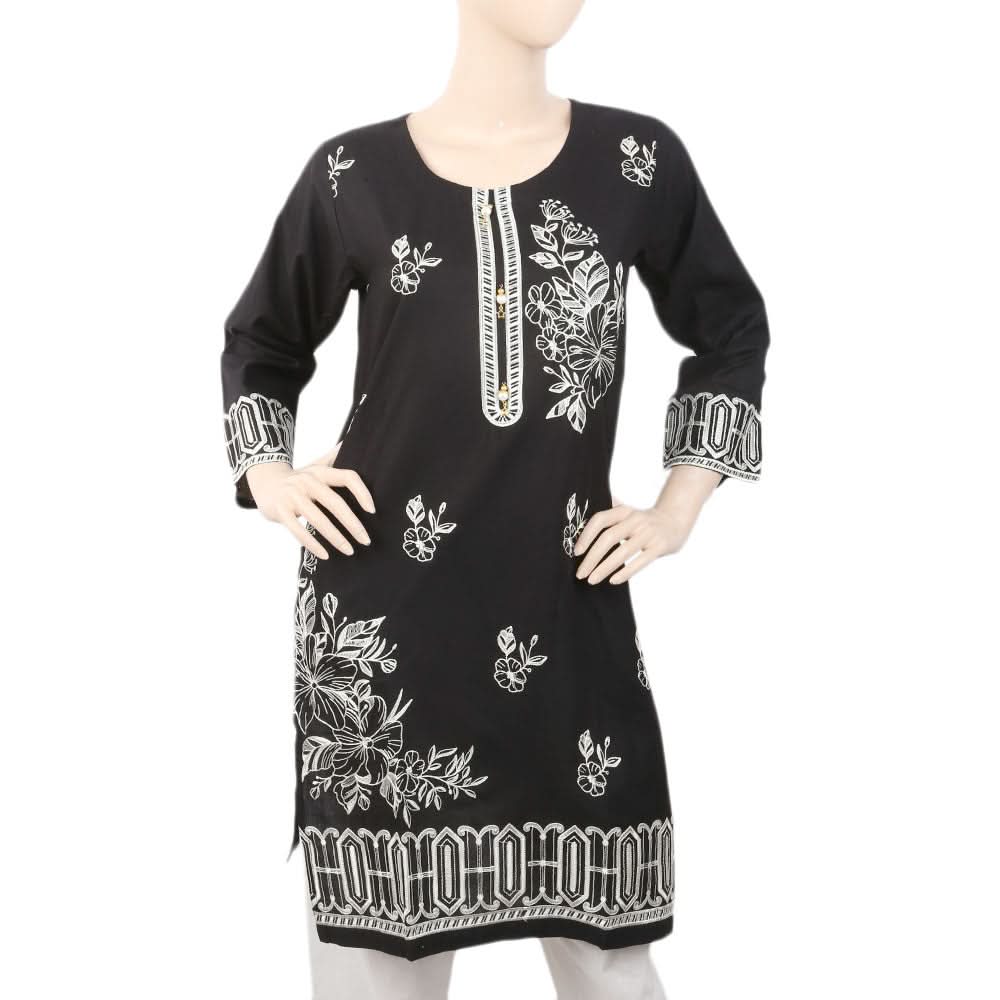 Women's Front Button Embroidered Kurti - Black, Women, Ready Kurtis, Chase Value, Chase Value