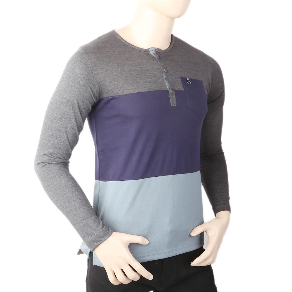 Men's Full Sleeves Henley 3 Panel Pocket T-Shirt - Grey, Men, T-Shirts And Polos, Chase Value, Chase Value