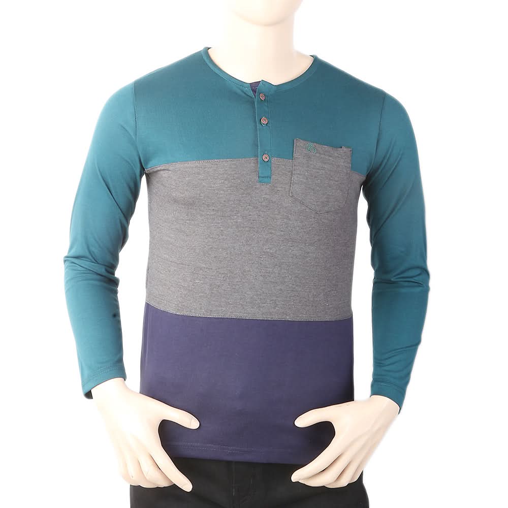 Men's Full Sleeves Henley 3 Panel Pocket T-Shirt - Sea Green, Men, T-Shirts And Polos, Chase Value, Chase Value