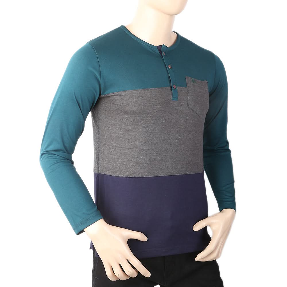 Men's Full Sleeves Henley 3 Panel Pocket T-Shirt - Sea Green, Men, T-Shirts And Polos, Chase Value, Chase Value