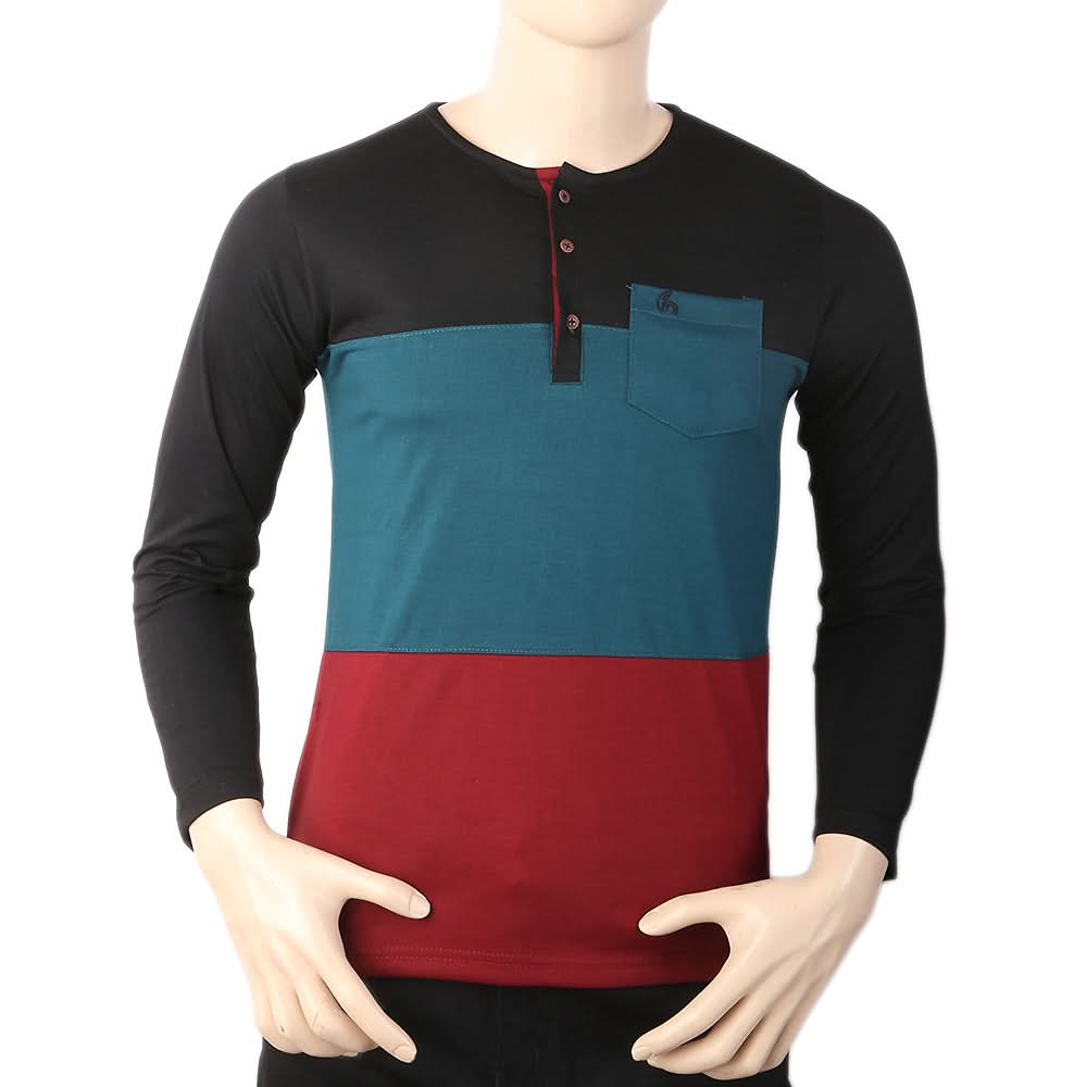 Men's Full Sleeves Henley 3 Panel Pocket T-Shirt - Black, Men, T-Shirts And Polos, Chase Value, Chase Value