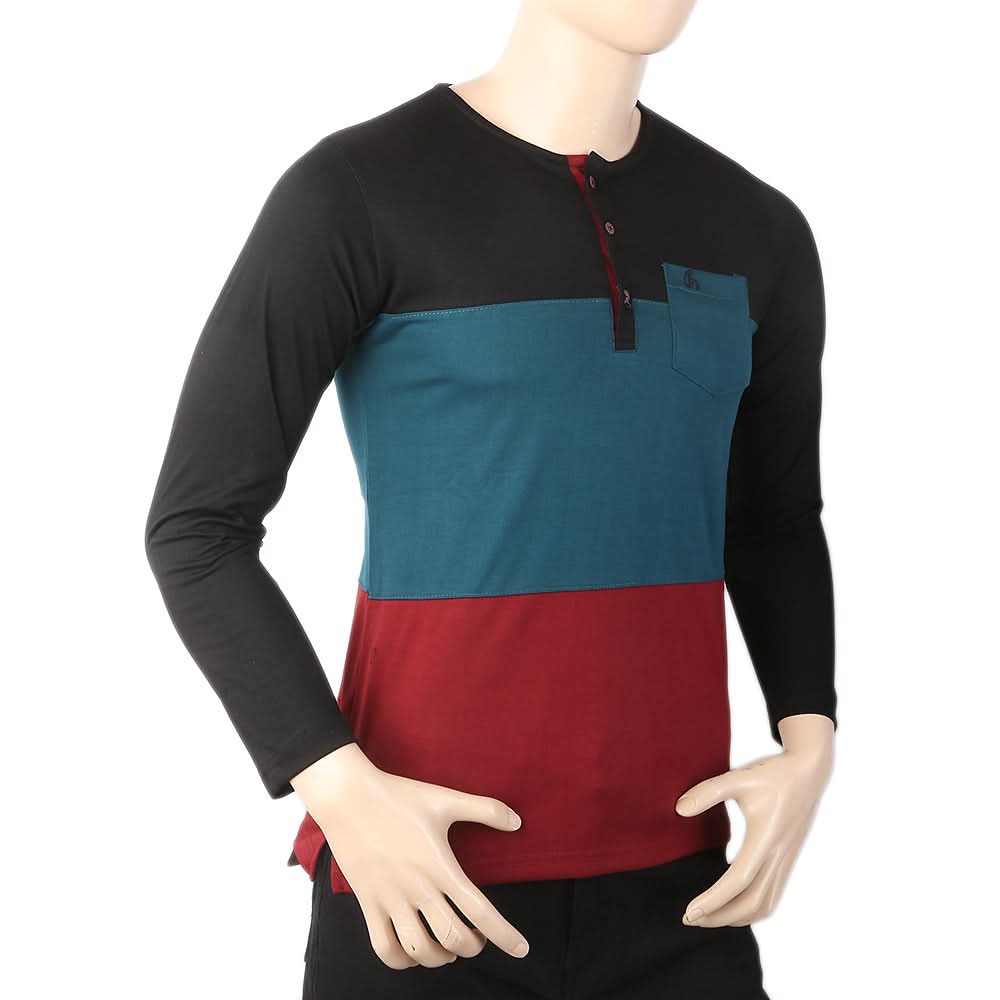 Men's Full Sleeves Henley 3 Panel Pocket T-Shirt - Black, Men, T-Shirts And Polos, Chase Value, Chase Value