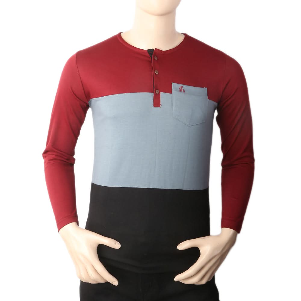 Men's Full Sleeves Henley 3 Panel Pocket T-Shirt - Maroon, Men, T-Shirts And Polos, Chase Value, Chase Value