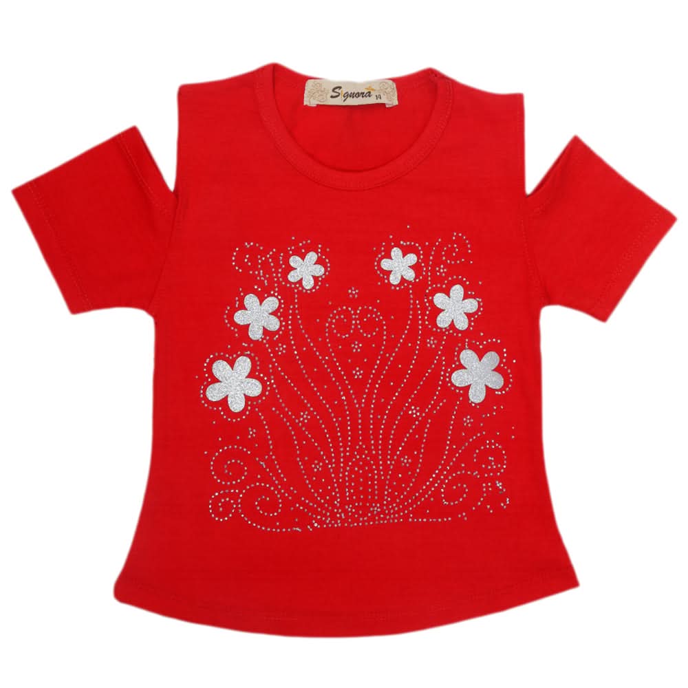 Girls Fancy Embroidered T-Shirt - Red, Kids, Girls T-Shirts, Chase Value, Chase Value