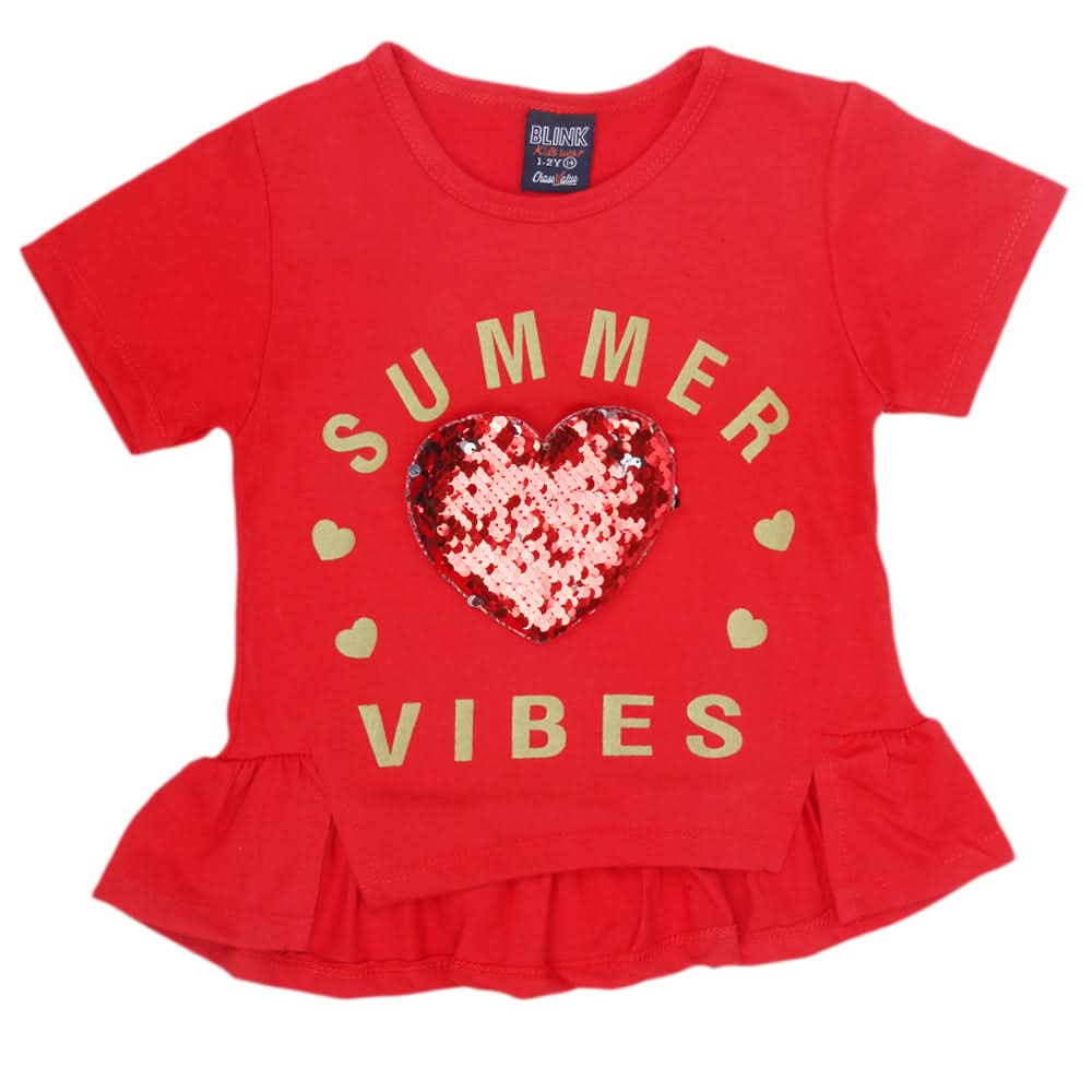 Girls Fancy Embroidered T-Shirt - Red, Kids, Girls T-Shirts, Chase Value, Chase Value