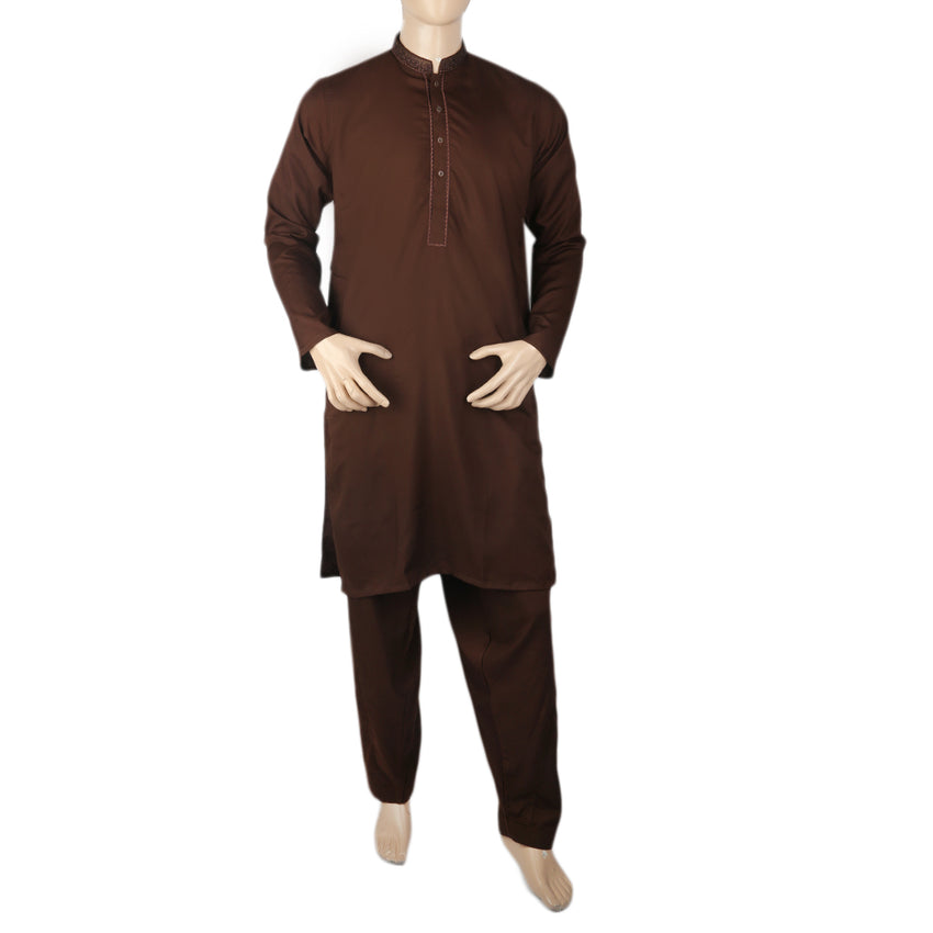 Men's Mashriq Slim Fit Embroidered Shalwar Suit - Dark Brown, Men, Shalwar Kameez, Chase Value, Chase Value