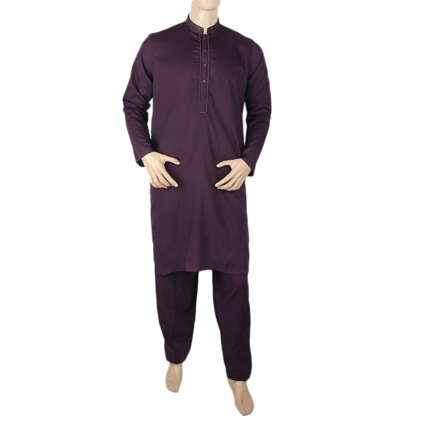 Men's Mashriq Slim Fit Embroidered Shalwar Suit - Purple, Men, Shalwar Kameez, Chase Value, Chase Value