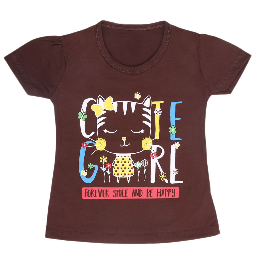 Girls Half Sleeves T-Shirt 9050 - Dark Brown, Kids, Girls T-Shirts, Chase Value, Chase Value