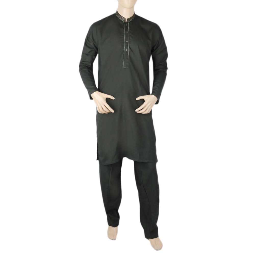 Men's Mashriq Slim Fit Embroidered Shalwar Suit - Dark Green, Men, Shalwar Kameez, Chase Value, Chase Value
