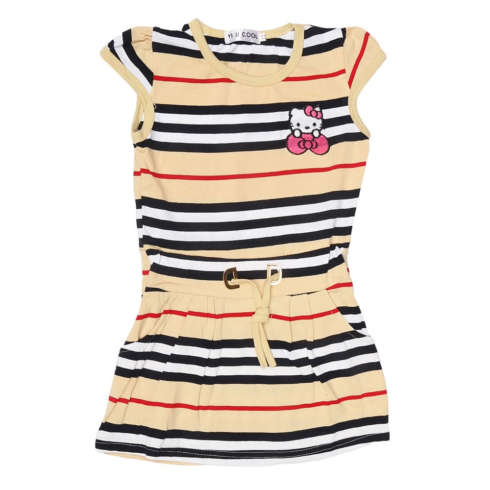 Girls Yarn Dyed Half Sleeves T-Shirt - Beige, Kids, Girls T-Shirts, Chase Value, Chase Value