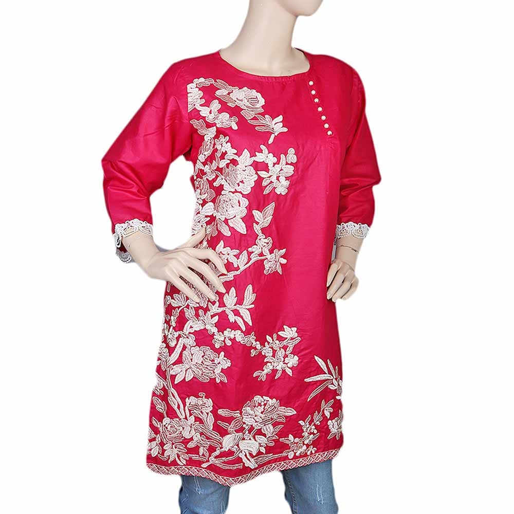 Women's Front Button Embroidered Kurti - Pink, Women, Ready Kurtis, Chase Value, Chase Value