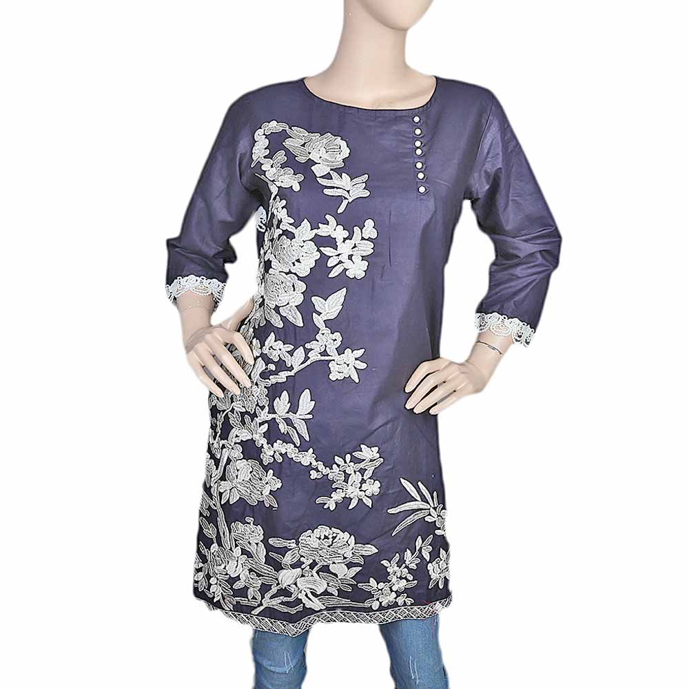 Women's Front Button Embroidered Kurti - Navy Blue, Women, Ready Kurtis, Chase Value, Chase Value
