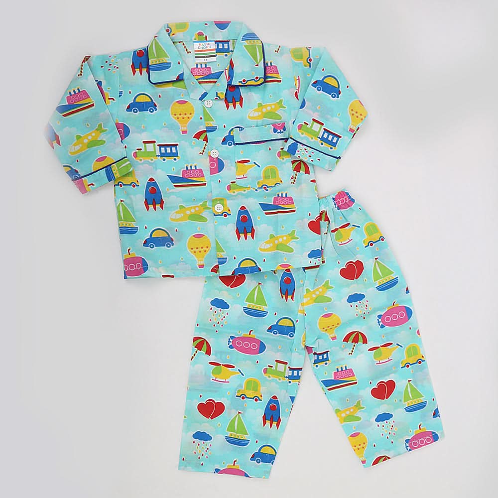 Boys Full Sleeves Night Suit - Cyan, Kids, Boys Sets And Suits, Chase Value, Chase Value