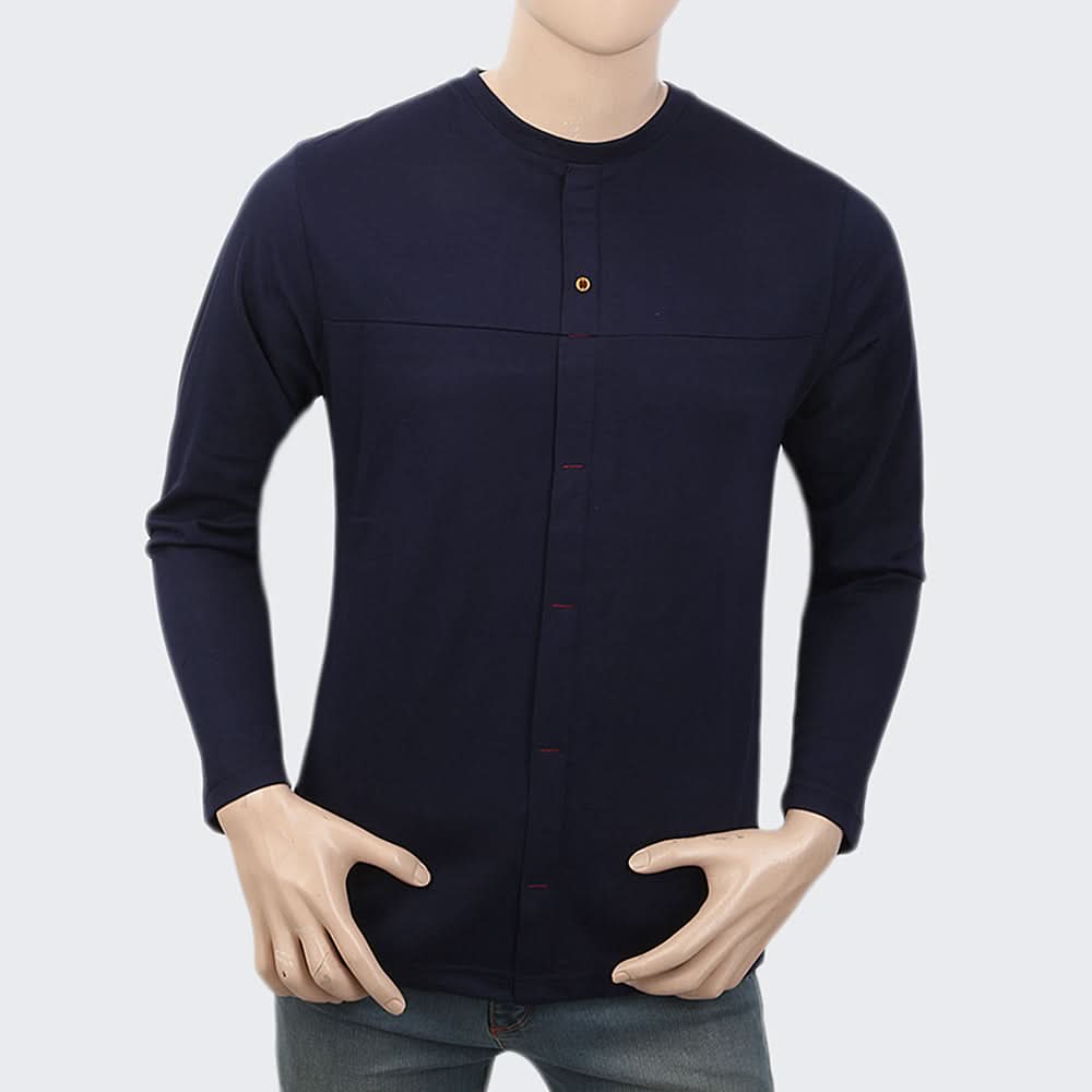 Men's Full Sleeves Fancy Long Placket T-Shirt - Navy Blue, Men, T-Shirts And Polos, Chase Value, Chase Value