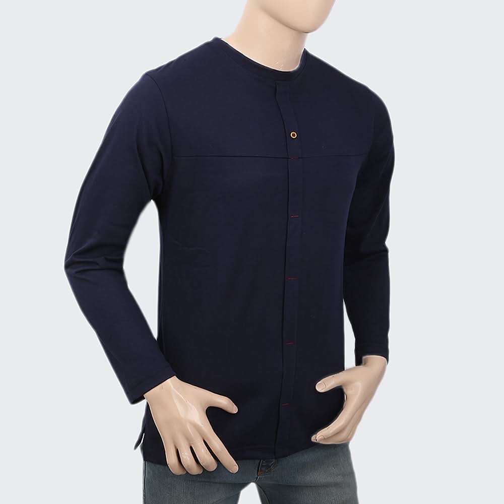 Men's Full Sleeves Fancy Long Placket T-Shirt - Navy Blue, Men, T-Shirts And Polos, Chase Value, Chase Value