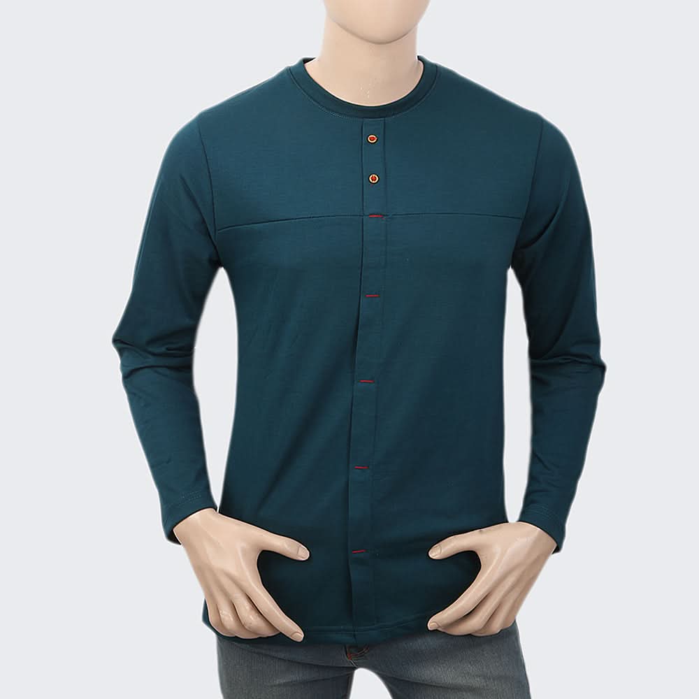 Men's Full Sleeves Fancy Long Placket T-Shirt - Steel Green, Men, T-Shirts And Polos, Chase Value, Chase Value