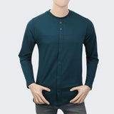 Men's Full Sleeves Fancy Long Placket T-Shirt - Steel Green, Men, T-Shirts And Polos, Chase Value, Chase Value