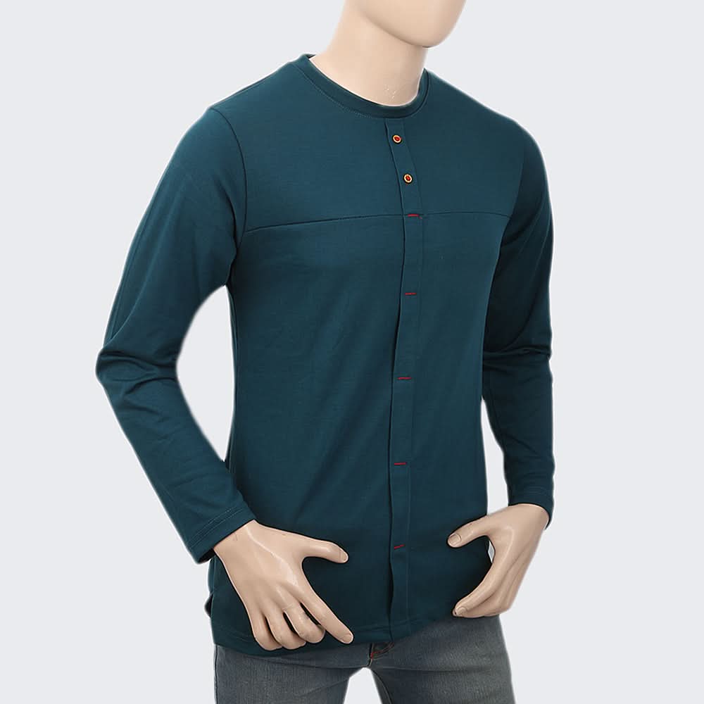 Men's Full Sleeves Fancy Long Placket T-Shirt - Steel Green, Men, T-Shirts And Polos, Chase Value, Chase Value