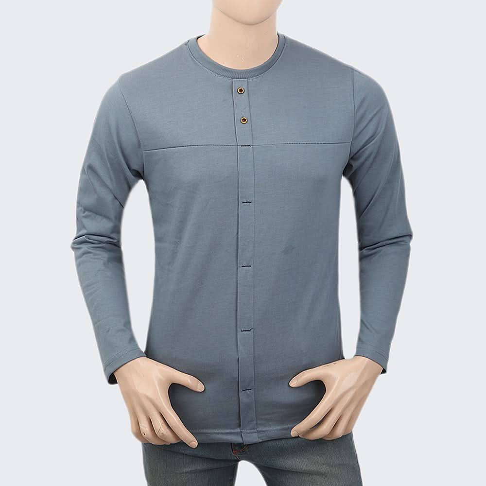 Men's Full Sleeves Fancy Long Placket T-Shirt - Light Grey, Men, T-Shirts And Polos, Chase Value, Chase Value
