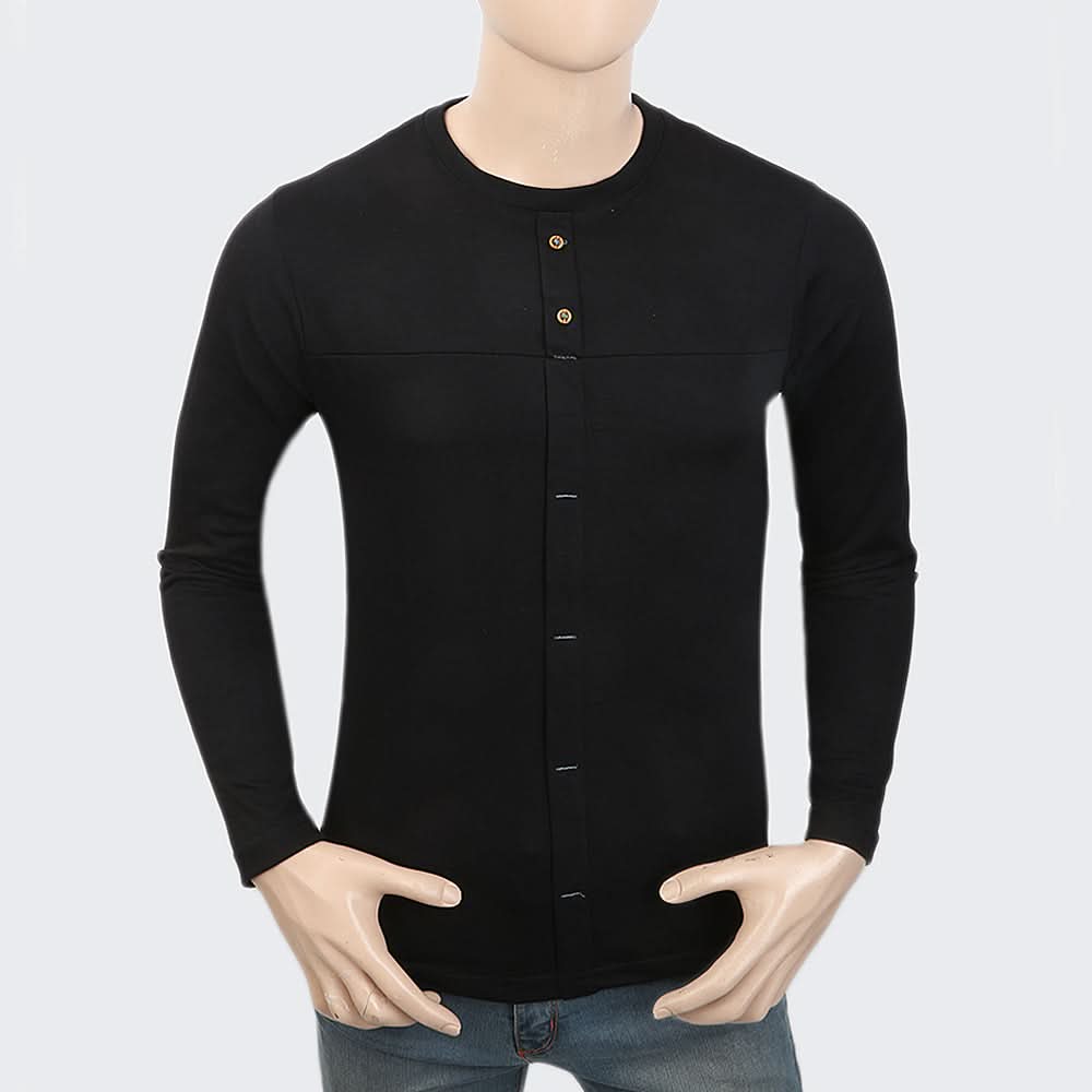 Men's Full Sleeves Fancy Long Placket T-Shirt - Black, Men, T-Shirts And Polos, Chase Value, Chase Value