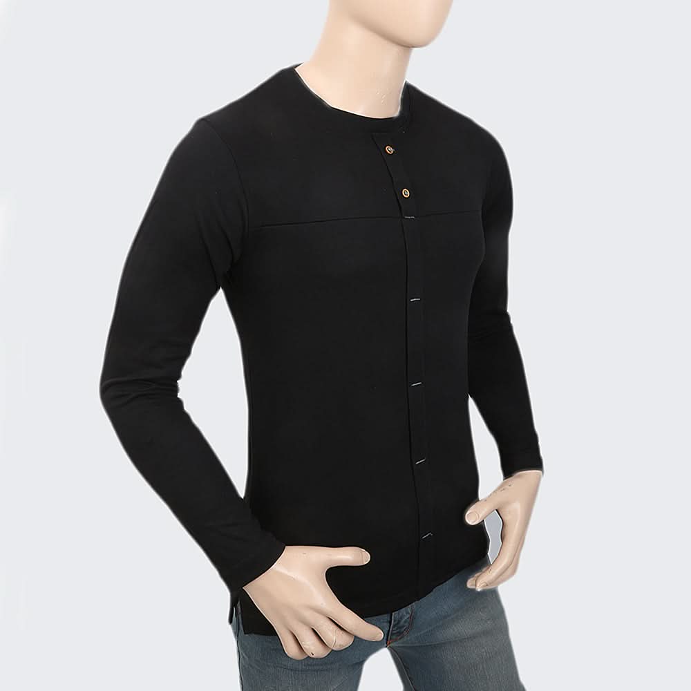 Men's Full Sleeves Fancy Long Placket T-Shirt - Black, Men, T-Shirts And Polos, Chase Value, Chase Value