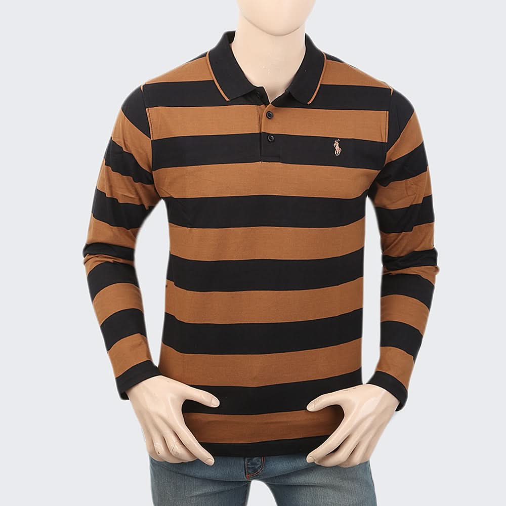 Men's Full Sleeves Y/D Polo T-Shirt - Brown, Men, T-Shirts And Polos, Chase Value, Chase Value