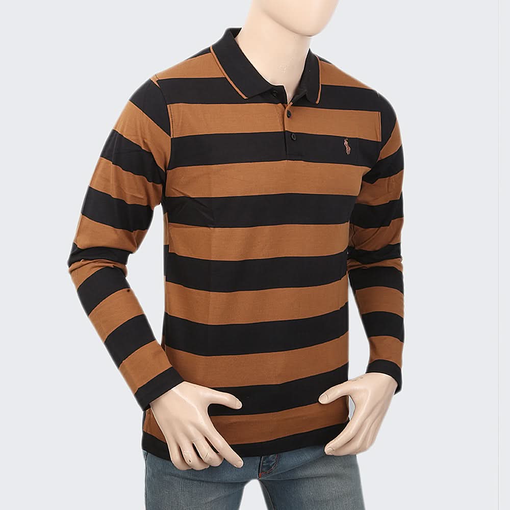 Men's Full Sleeves Y/D Polo T-Shirt - Brown, Men, T-Shirts And Polos, Chase Value, Chase Value