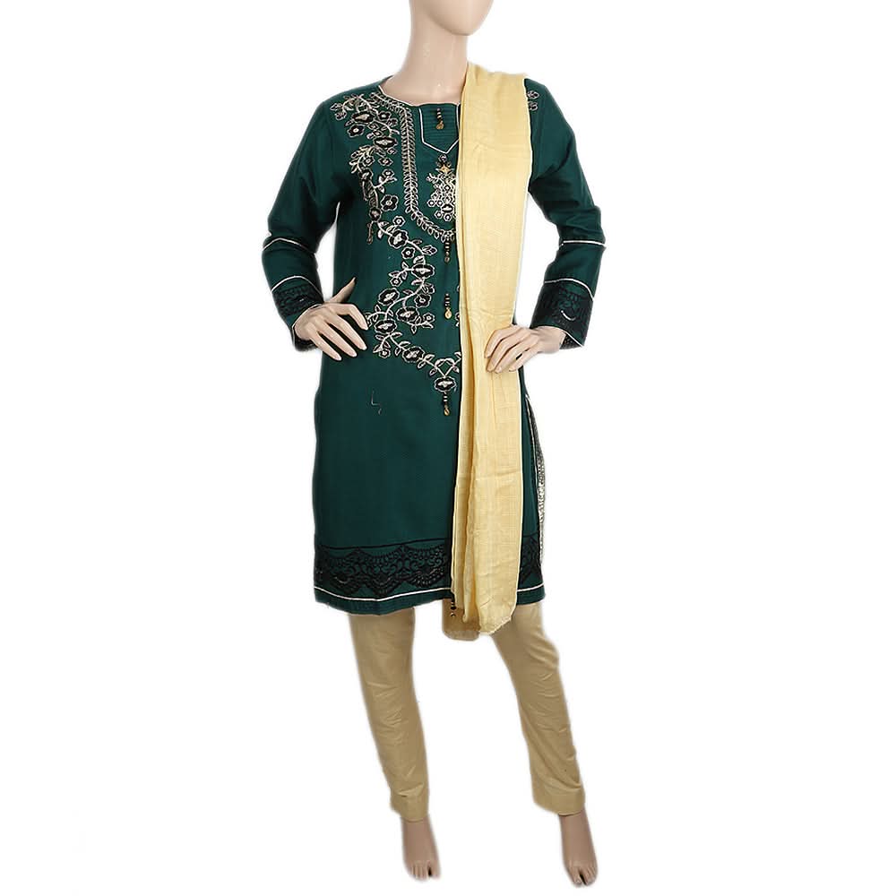 Women's Embroidered Jacquard 03 Pcs Suit - Dark Green, Women's, Shalwar Suits, Chase Value, Chase Value