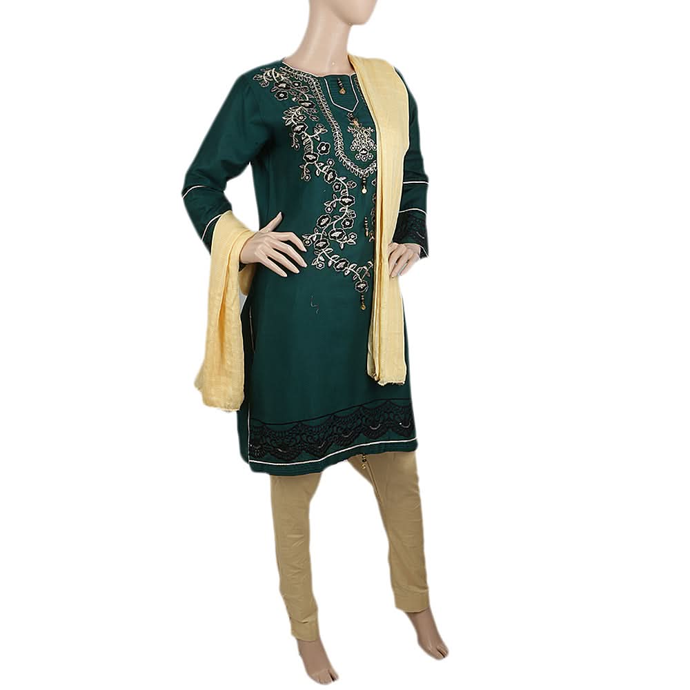 Women's Embroidered Jacquard 03 Pcs Suit - Dark Green, Women's, Shalwar Suits, Chase Value, Chase Value