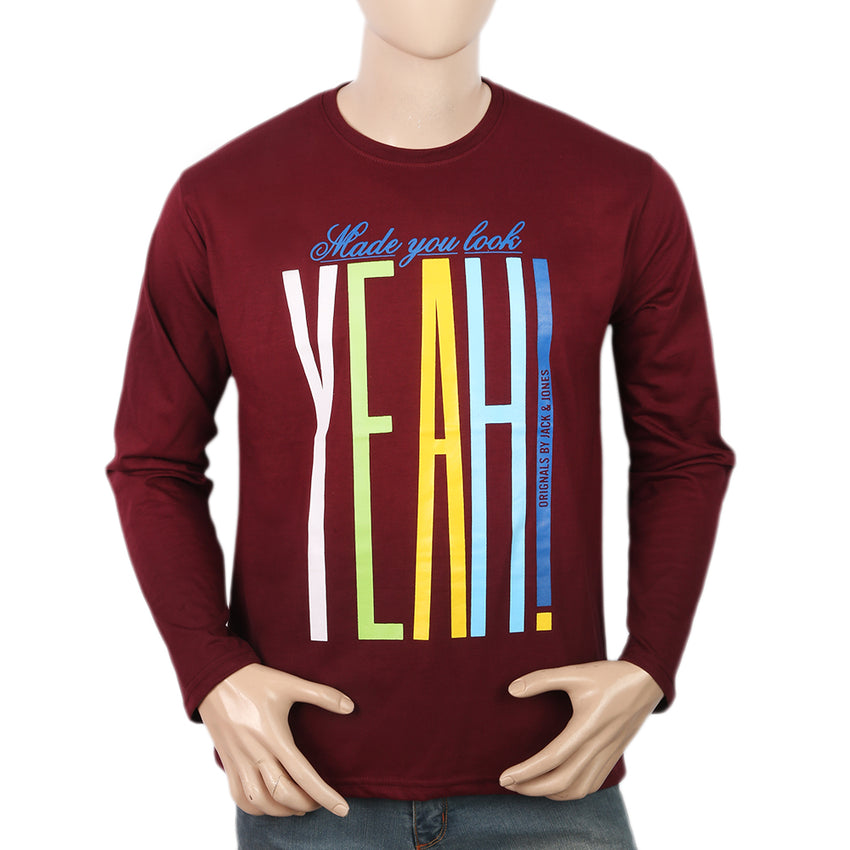 Men's Full Sleeves Printed T-Shirt - Maroon, Men, T-Shirts And Polos, Chase Value, Chase Value