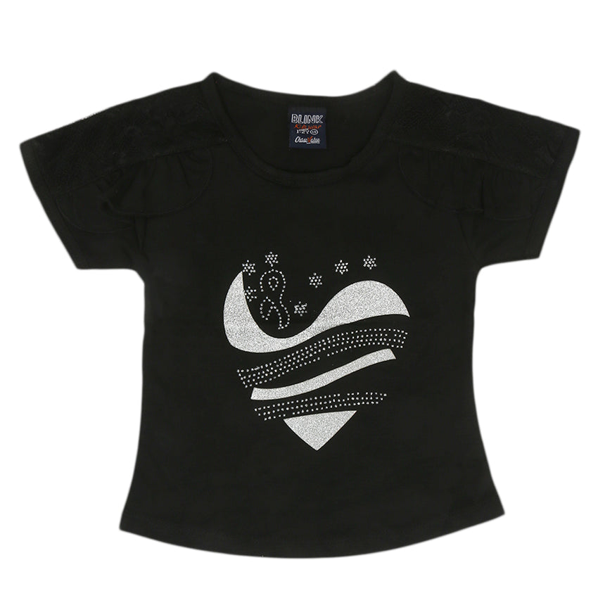 Girls Shoulder Frill & Chest T-Shirt - Black, Kids, Girls T-Shirts, Chase Value, Chase Value